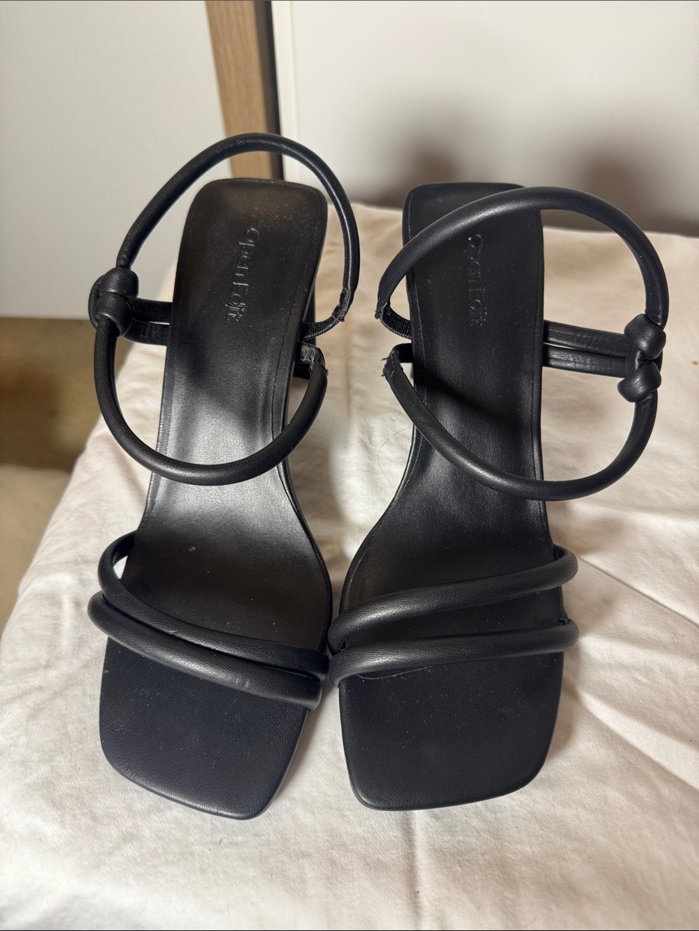 Strappy Black Square-Toe Heeled Sandals
